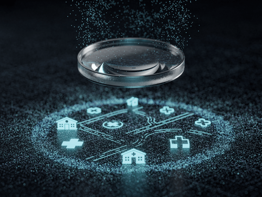 A floating glass lens hovering over a dark icons of schools, clinics, and roads.