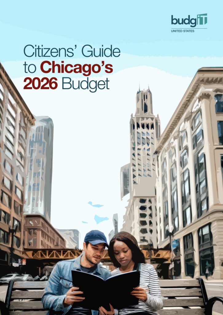 Image of two people reading the Citizen's Guide to Chicago's 2026 Budget with the City of Chicago in the background.